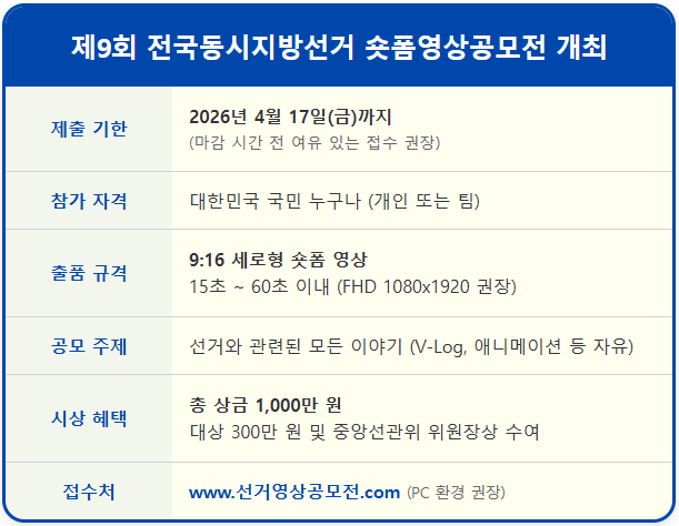 세로형 영상 공모전, 2026 지방선거 숏폼 공모전 2 세로형 영상 공모전, 2026 지방선거 숏폼 공모전 1